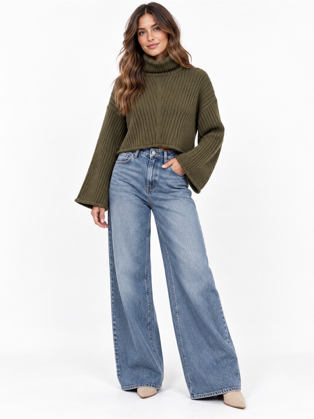 ZARA NWT Olive Green Cropped Turtleneck Ribbed Bell Sleeve Sweater Small Cozy